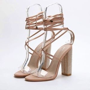 MEILIYA Fashion Rhinestone Heeled Sandals, Clear PVC, Belt Lace-Up Ankle Strap